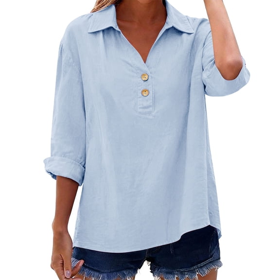 Qulqfy Womens 3/4 Sleeve Shirt Blue Plus Size Cotton Linen Henley Blouse Solid Spring Collared Tops for Women L