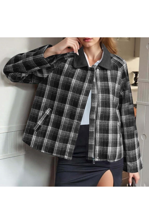 Womens Barn Jackets Plaid Short Fall Shirt Jacket Casual Full Zip Up Lapel Collar Lightweight Coat Women Shirt Jacket
