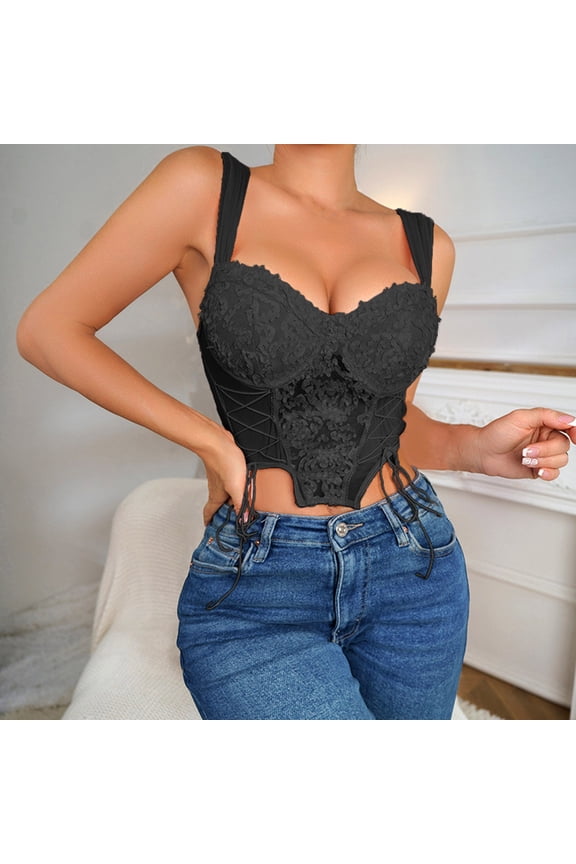 Womens Black Corset Top Underbust Tank Top with Straps Boned Floral Underwire Corset Tops for Women