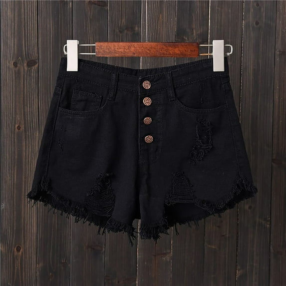 Qulqfy Womens Black Shorts High Waisted Denim Summer Wide Leg Jeans Plus Size Ripped Distressed Shorts for Women L