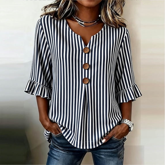 Qulqfy Womens Blouse 3/4 Sleeve Fall Striped Casual Gray Ruffle Button Up Dressy Henley V-Neck Womens Tops S