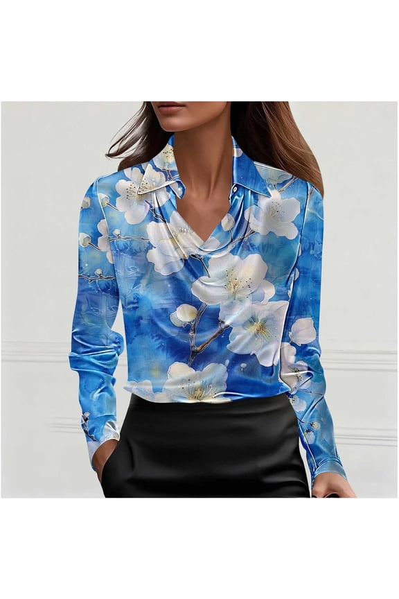 Womens Blouses Casual Satin Multicolor Cowl Neck Plus Size Silk Blouse Floral Long Sleeve Shirt Going Out Tops for Women M