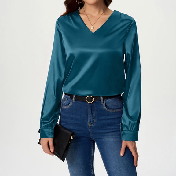 Qulqfy Womens Blouses for Work V Neck Green Satin Silk Blouse Lightweight Long Sleeve Shirt women's Tops XL