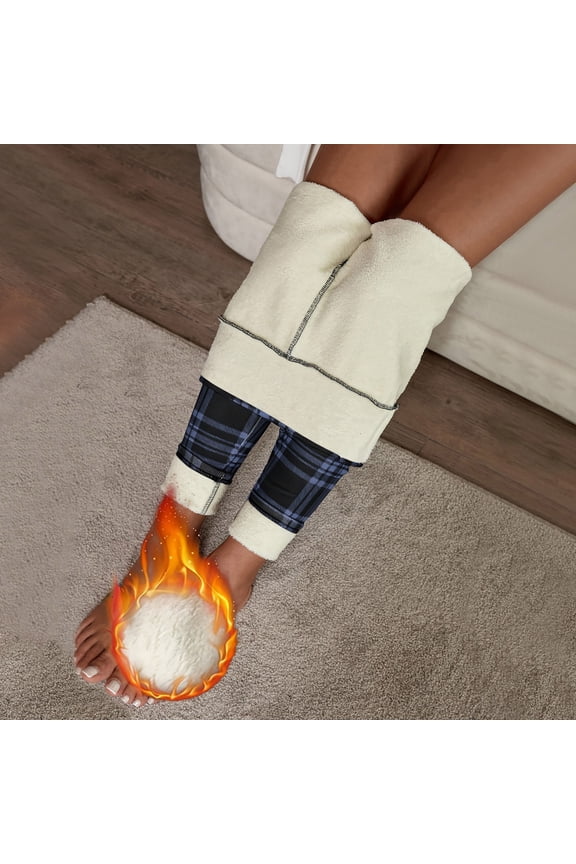 Womens Blue Leggings Winter Fleece Lined Plaid Leggings Warm Tummy Control Compression Pants for Women