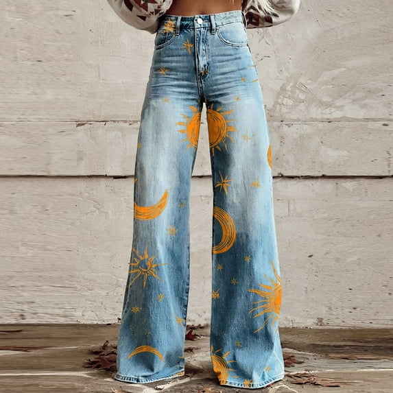 Qulqfy Womens Bootcut Jeans Printed Gold High Waisted Stars Palazzo Jeans Women Wide Leg Pants 3XL