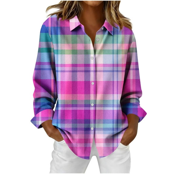 Qulqfy Womens Button Down Shirt Casual Plaid Long Sleeve Shirts Checkered Collared Shirts Tops for Women Trendy