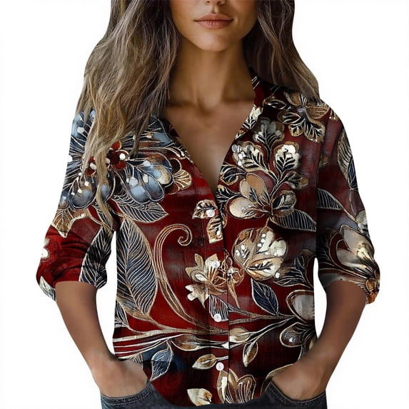 Qulqfy Womens Button Down Shirt Long Sleeve Brown Plus Size Dressy Shirts Floral Collared Shirts Women Fall Tops