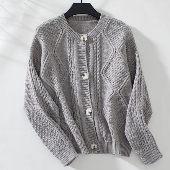 Qulqfy Womens Button Up Cardigan Sweaters Cable Knit Long Sleeve Crew Neck Sweaters Fall Winter Women Gray Tops M