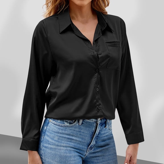 Qulqfy Womens Button Up Shirts Silk Long Sleeve Black Dressy Casual Shirts Collared Pockets Shirts Womens Fall Tops