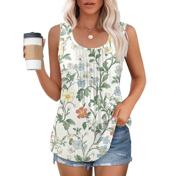 Qulqfy Womens Camisole Tank Tops Smocked Cute Summer Floral Shirts Spring Crew Neck Sleeveless Plus Size Camisole women's Tops L