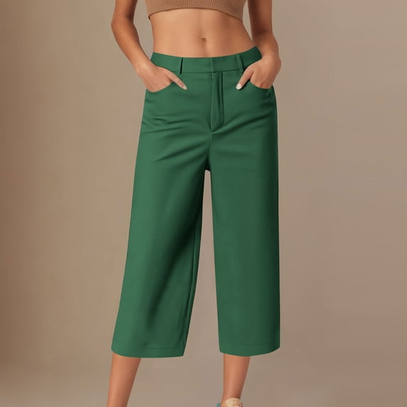 Qulqfy Womens Capris Green Stretch Flat Front Dressy Casual Capris High Waisted Summer Pants with Pockets Women Dress Pants L