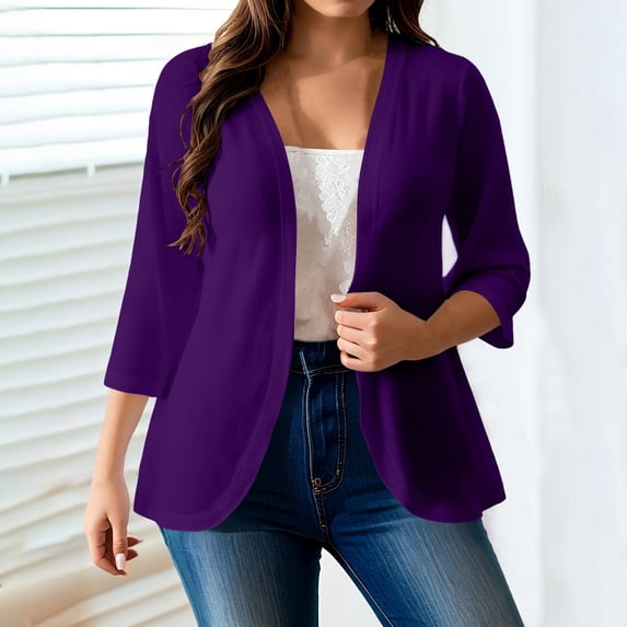 Qulqfy Womens Cardigan Purple Open Front Plus Size 3/4 Sleeve Lightweight Work Casual Fall Outfits 4XL