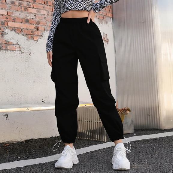 Qulqfy Womens Cargo Pants Black Hiking Parachute Travel Fall High Waisted Pull On Joggers Pants for Women XL