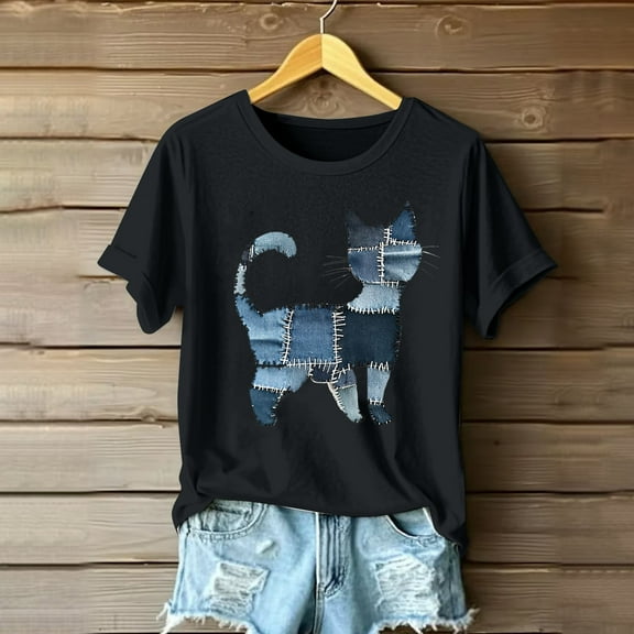 Qulqfy Womens Cartoon Shirts Cute Kitten Black Cat Print Shirts Graphic Women's Short Sleeve Tops L
