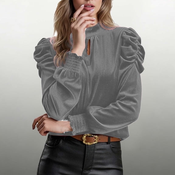 Qulqfy Womens Casual Tops Long Sleeve Velvet Puff Sleeve Gray High Neck Shirts Keyhole Elegant Dressy Blouses Spring Tops for Women S