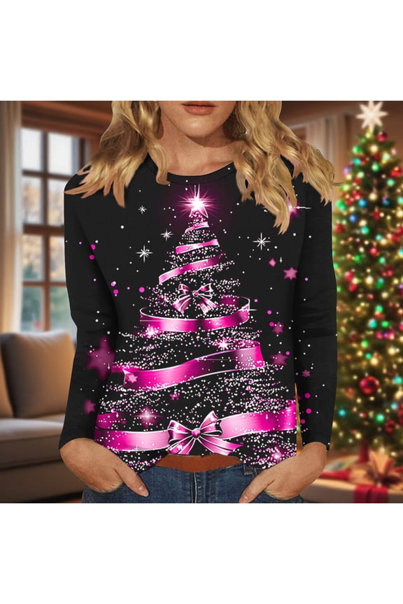 Womens Christmas Tops Xmas Pink Crewneck Long Sleeve Christmas Tree Casual Sparkle Plus Size Shirts Christmas Vacation Shirt for Women