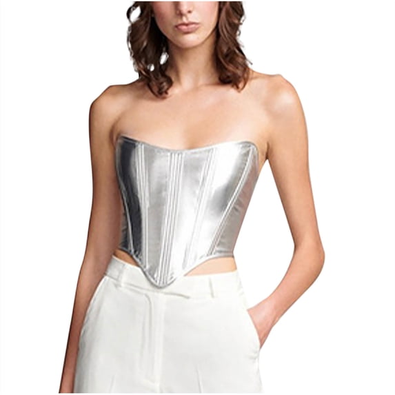 Qulqfy Womens Corset Silver Corset Strapless Party Boned Solid Corset Tops for Women