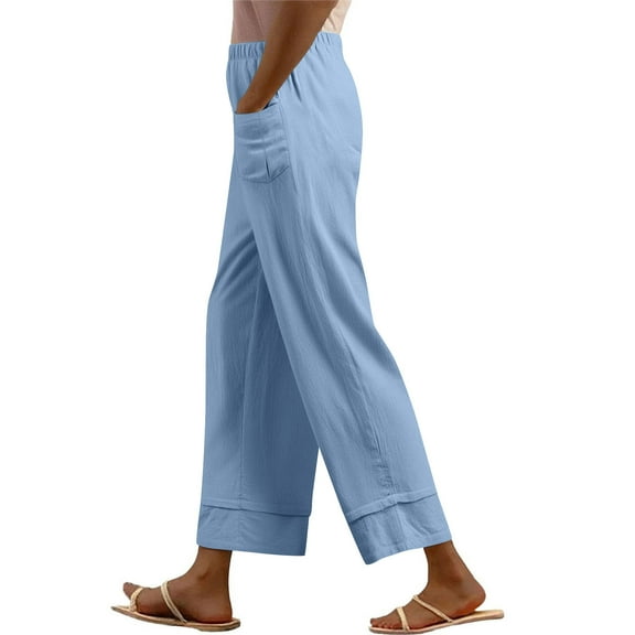 Qulqfy Womens Cotton Linen Pants Casual Travel High Waist Blue Wide Leg Baggy Pull-On Pants L