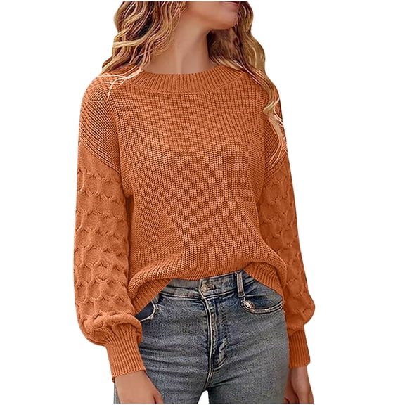 Qulqfy Womens Cozy Sweaters Cable Knit Orange Pullover Sweater Crew Neck Long Sleeve Soft Knit Shirts Tops for Women