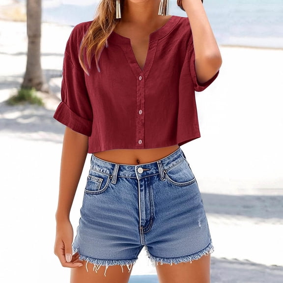 Qulqfy Womens Cropped T-Shirts Short Sleeve V Neck Summer T-Shirts Plain Basic Women's Red Shirts L