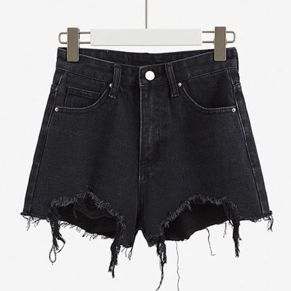 Qulqfy Womens Denim Shorts Low Rise Casual Stretchy Wide-Leg Y2k Outfits Summer Ripped Distressed Frayed Hem Mini Jean Shorts Womens Black