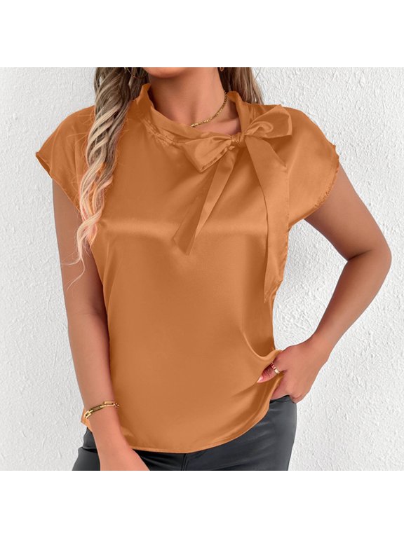 Womens Dressy Blouses Orange Satin Silk High Neck T-Shirt Short Sleeve Bow Shirt Women Tops Trendy M