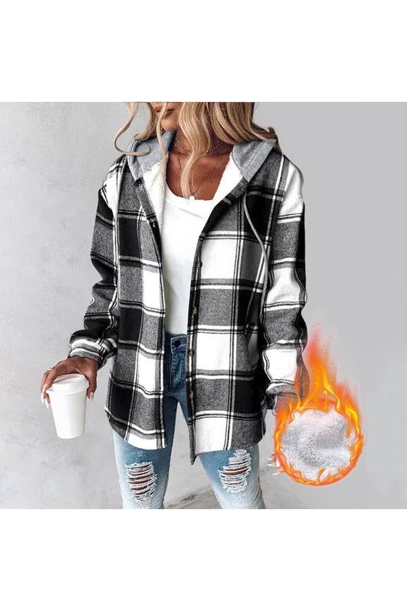 Womens Fleece Lined Button Up Shirt Black Business Causal Long Sleeve Plaid Jackets Hooded Winter Jackets Fall Tops for Women