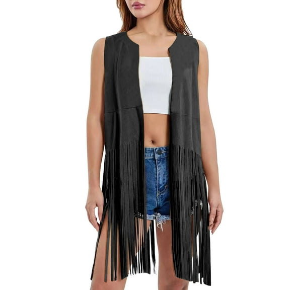 Qulqfy Womens Fringe Cardigan Black Bohemian Sleeveless Open Front Vest 70s Tops for Women with Tassels 2XL