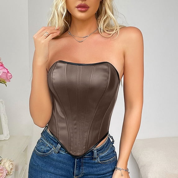 Qulqfy Womens Gothic Corset Brown Underbust Pirate Bustier Boned Solid Strapless Corset Tops for Women