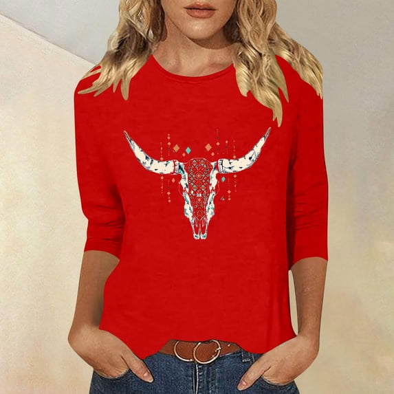 Qulqfy Womens Graphic T Shirts Scoop Neck 3/4 Length Sleeve Causal Loose-Fitting Tunic Raglan Basics Vacation Dressy Workout Tops for Women L
