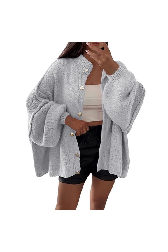 Womens Gray Sweaters Cozy Pullover Sweater Knit Long Sleeve Crew Neck Button Dressy Casual Shirts Tops for Women