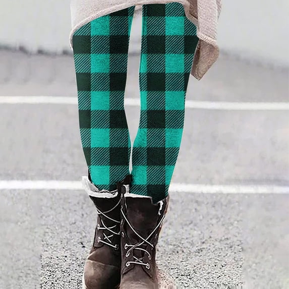 Qulqfy Womens Green Leggings Plaid Stretch Active Yoga Pants Compression High Waisted Fall Leggings for Women