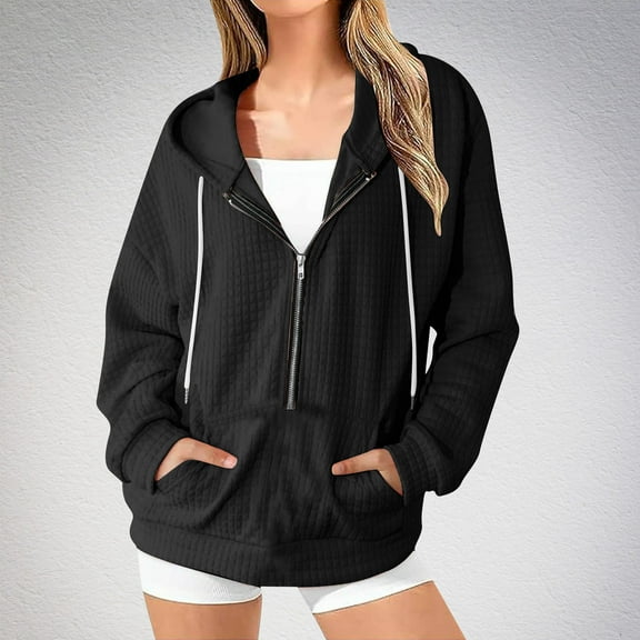 Qulqfy Womens Half Zipper Hoodies Workout Fall 2025 Embossed Black Comfy Sweatshirts Women's Soft Tops S