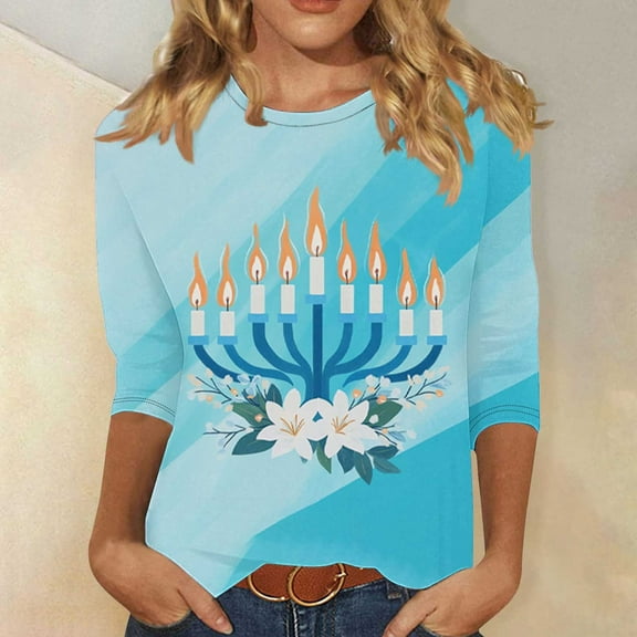 Qulqfy Womens Hanukkah Shirts 3/4 Length Sleeve Novelty Plus Size Tops Crew Neck Holiday Chanukah Funny Menorah Tops Womens Blouses L