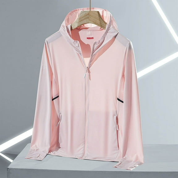 Qulqfy Womens Hooded Jackets Nylon Sun Protection Lightweight Pink Workout Jackets Women Zip Up Tops with Thumb Holes XL