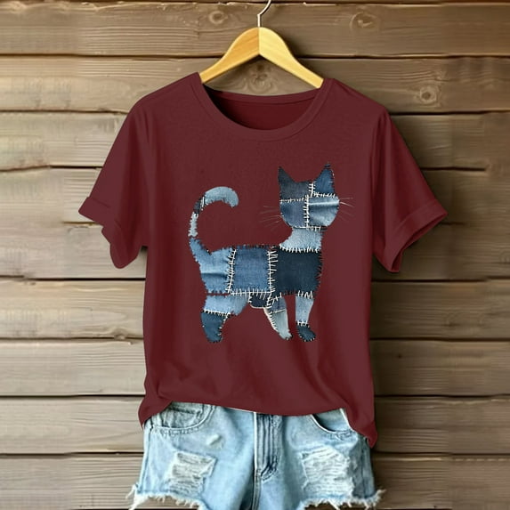 Qulqfy Womens Kitten Shirts Cartoon Cute Cat Print Shirts Red Graphic Short Sleeve Tops for Women L