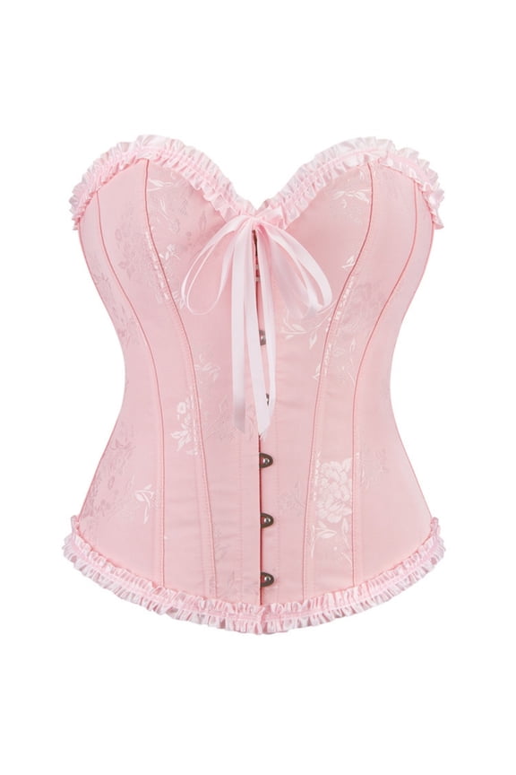Womens Lace Up Corset Overbust Pink Shapewear Ruffle Trim Strapless Boned Floral Corset Tops for Women