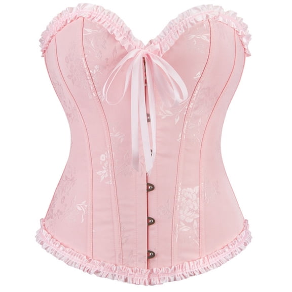 Qulqfy Womens Lace Up Corset Top Overbust Corset Boned Ruffle Trim Floral Strapless Corset Tops for Women