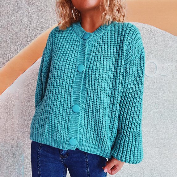 Qulqfy Womens Lantern Sleeve Cardigan Sweater Chunky Fall Blue Button Up Sweaters Crew Neck Fall Tops for Women S