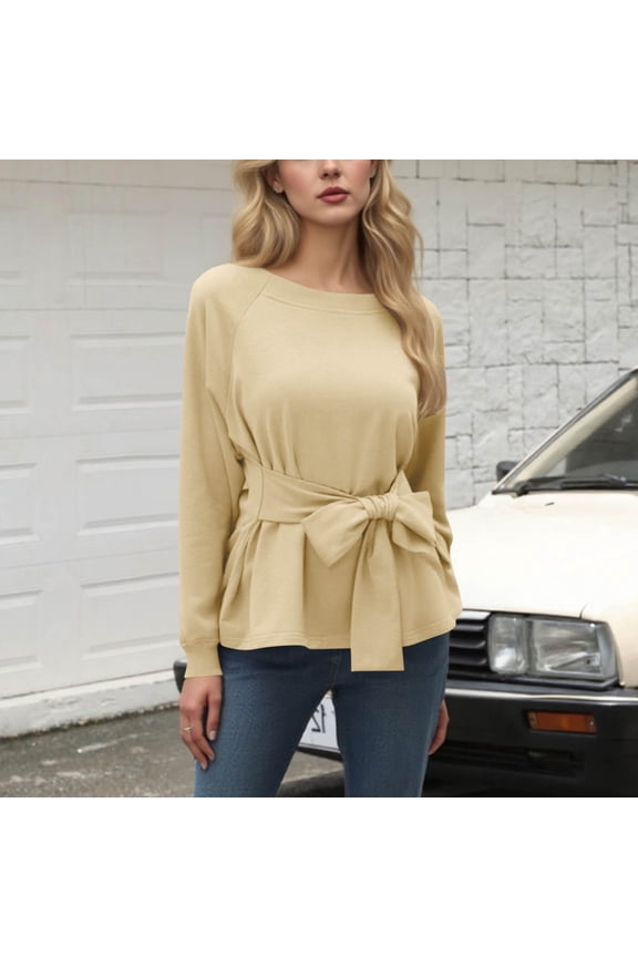 Womens Long Sleeve Tops Fashion Going Out Beige Blouses Belted Trendy Crew Neck Shirts for Women
