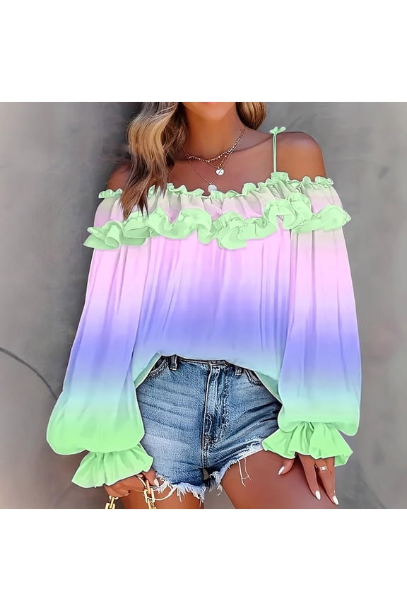 Womens Long Sleeve Tops Going Out Off Shoulder Neon Plus Size Blue Blouses Casual Ruffle Shirts for Women