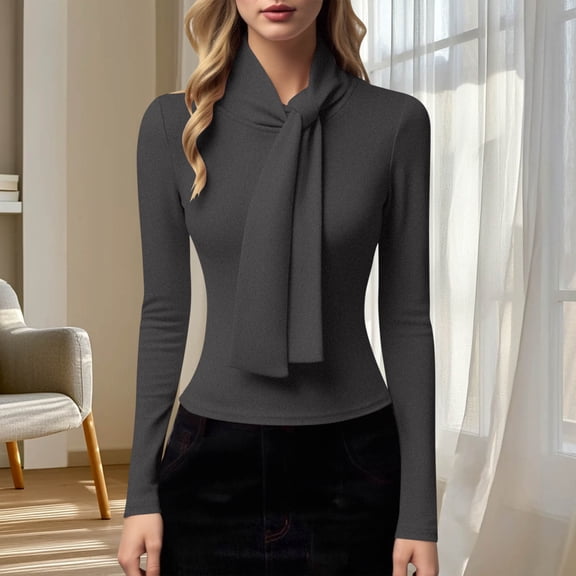 Qulqfy Womens Long Sleeve Tops Gray Cotton Cropped Mock Turtleneck Blouses Ribbon Dressy Shirts for Women