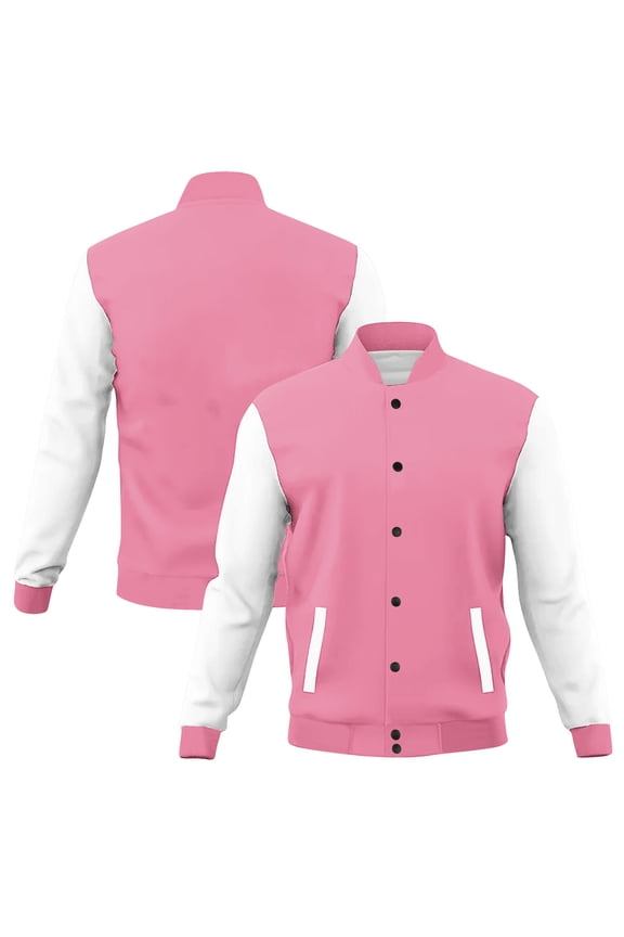 Womens Long Sleeve Varsity Jacket Color Block Pink Lightweight Baseball Bomber Button Down Shackets for Women with Pockets S