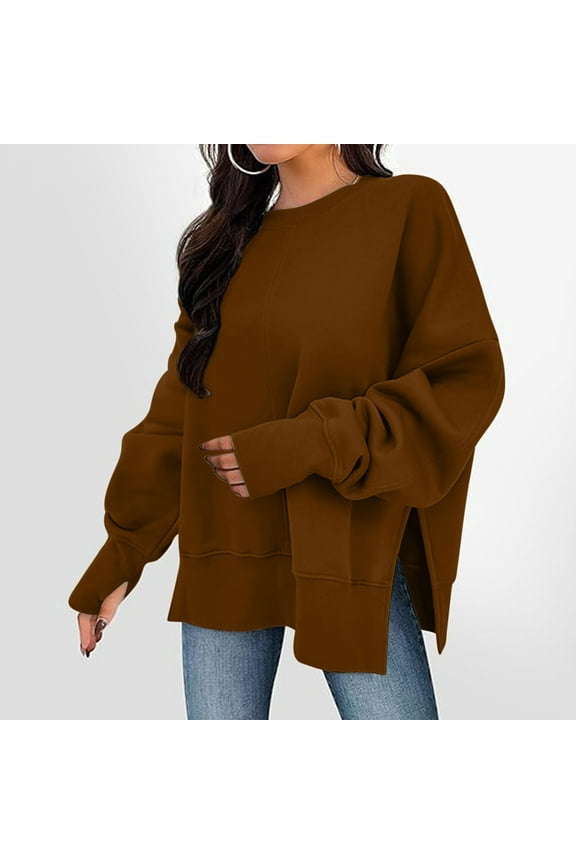 Womens Oversized Sweatshirts Brown Fleece Fall 2025 Side Slit Tunic Shirts Women Pullover Tops L