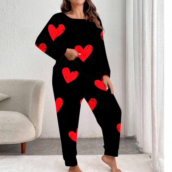 Qulqfy Womens Pajama Set Soft Black Plus Size Valentine Day Cute Long Sleeve Crew Neck Tops and Cuffed Pants Heart Print Sleepwear Cozy Pjs for Women Set M