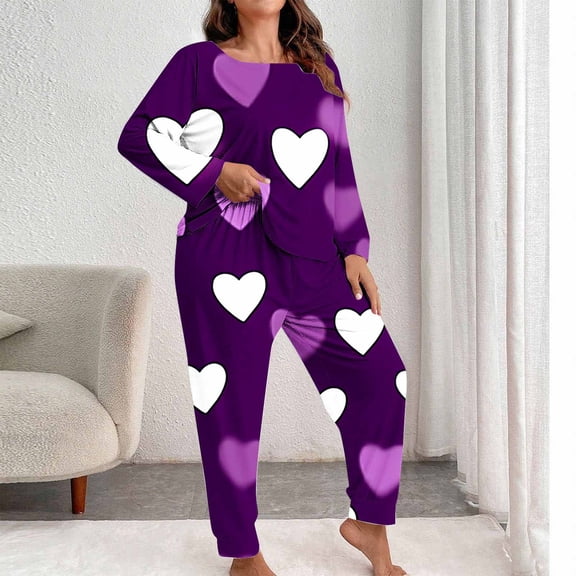 Qulqfy Womens Pajama Sets Soft Purple Valentine Day Plus Size Cute Long Sleeve Crew Neck Tops and Jogger Pants Heart Print Sleepwear Lounge Set for Women XXL