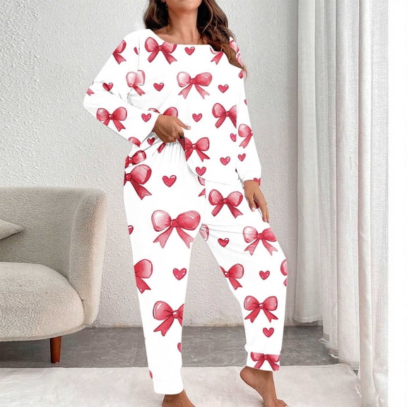 Qulqfy Womens Pajamas Set Pink Valentine Day Soft Cute Plus Size Long Sleeve Shirts and Jogger Pants Bow Print Sleepwear Cozy Lounge Sets for Women 3XL