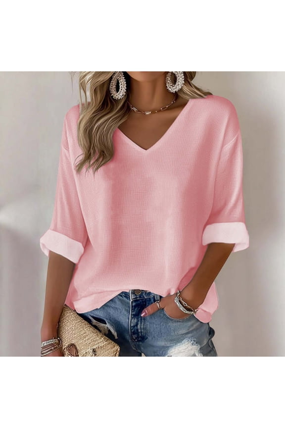 Womens Pink Tops Trendy Waffle Knit V Neck Plus Size Shirts Spring Long Sleeve Fall Shirts Women's Holiday Tops L