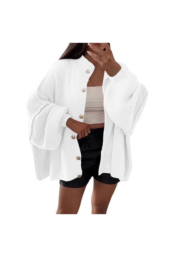 Womens Pullover Sweaters White Cozy Sweater Knit Dressy Casual Button Crew Neck Long Sleeve Shirts Tops for Women