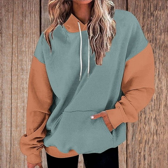 Qulqfy Womens Pullover Sweatshirts Long Sleeve Blue Color Block Drop Shoulder Sweatshirts Women's Fall Tops M